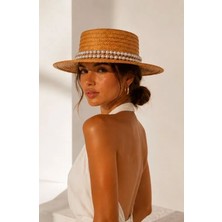 Rıo Straw Hat -Kadın Inci Süslemeli Hasır Boater Şapka