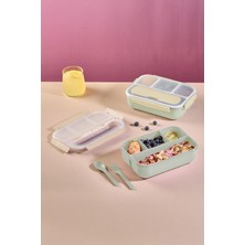 GENC DIJITAL BASKI Kaşık Çatallı Lunch Box Sızdırmaz Contalı Kapaklı 4 Bölmeli Beslenme Kabı - Yeşil