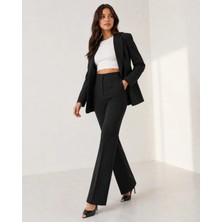 Exit Collection Kadın Çımalı Yüksek Bel Crep Kumaş Siyah Palazzo Pantolon