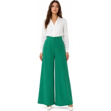Exit Collection Beli Lastikli Kadın Yeşil Pantolon Geniş Paçalı Iç Göstermeyen Kumaş - Kadın Tesettür Kumaş Pantolon