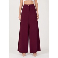Exit Collection Beli Lastikli Kadın Bordo Pantolon Geniş Paçalı Iç Göstermeyen Kumaş - Kadın Tesettür Kumaş Pantolon