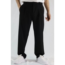 Viskon Karışımlı Çift Pileli Baggy Fit Erkek Kumaş Pantolon | Ventov Siyah - L
