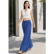 Exit Collection Beli Lastikli Kadın Mavi Pantolon Geniş Paçalı Iç Göstermeyen Kumaş - Kadın Tesettür Kumaş Pantolon
