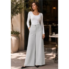 Exit Collection Beli Lastikli Kadın Açık Gri Pantolon Geniş Paçalı Iç Göstermeyen Kumaş - Kadın Tesettür Kumaş Pantolon
