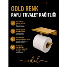 Edil Tasarım Gold Renk Raflı Tuvalet Kağıtlığı | Metal Gövde | Telefon ve Aksesuar Raflı | Yapışkanlı & Vidalı Montaj