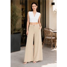 Exit Collection Beli Lastikli Kadın Krem Bej Pantolon Geniş Paçalı Iç Göstermeyen Kumaş - Kadın Tesettür Kumaş Pantolon