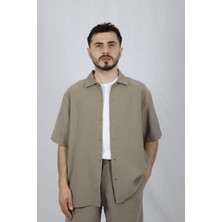 Viskon Karışımlı Dökümlü Relaxed Fit Kısa Kollu Erkek Gömlek | Ventov Vizon - Xl