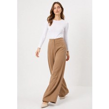 Exit Collection Beli Lastikli Kadın Camel Pantolon Geniş Paçalı Iç Göstermeyen Kumaş - Kadın Tesettür Kumaş Pantolon