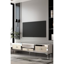 Dekortis Home Dekor 180DHDTSÇ4BTG Lina Pleksi Lazer Desen Tv Sehpası Beyaz-Traverten-Gümüş