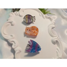 Euro Aksesuar Kedi ve Balık Figürlü 3'lü Mini Mandal Toka Seti (2-3 Cm)