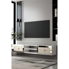 Dekortis Home Dekor 180DHDTDAR4BTG Lina Duvara Monte Pleksi Lazer Desen Tv Sehpası  Beyaz-Traverten-Gümüş
