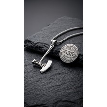 Roza Silver 925 Ayar Gümüş Erkek Kolye - Oksitli Viking Savaşçı Baltası Uçlu Tilki Kuyruğu Örgü Zincir
