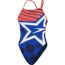 Speedo Digital Baskılı V Back Kadın Yüzücü Mayosu Mavi-Turuncu