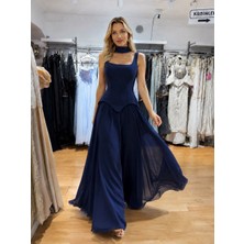 Gökkuşağı Moda Lacivert Boyun Şal Detaylı Korsajlı Kare Yaka Şifon Uzun Abiye Elbise