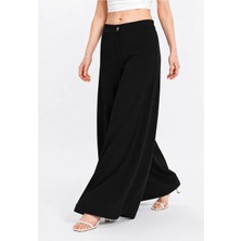 Exit Collection Beli Lastikli Kadın Siyah Pantolon Geniş Paçalı Iç Göstermeyen Kumaş - Kadın Tesettür Kumaş Pantolon