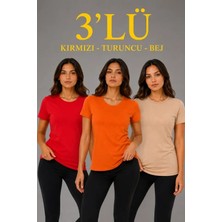 Defy Moda 3’lü Kısa Kollu Bisiklet Yaka Basic Slim Fit T-Shirt - Kırmızı - Turuncu - Bej