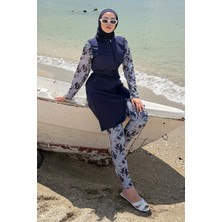 Hafsa Mina Baskı Detaylı Tesettür Mayo Tam Takım Lacivert HM2934