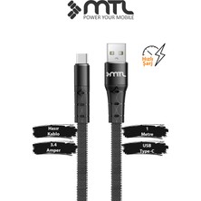 Mtl 3.4A USB To Type-C Hızlı Şarj ve Data Kablosu Hasır Flat 1 Metre Siyah MT2322