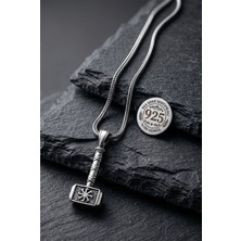 Roza Silver 925 Ayar Gümüş Erkek Kolye - Oksitli Thor'un Çekici Mjolnir ve Kolovrat Sembollü Örgü Zincir