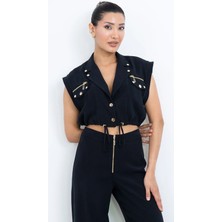 Dorne Moda Özel Seri Fermuar ve Cep Detaylı Crop Yelek Bluz ve Bol Paça Pantolon Ikili Takım - Düğün - Mezuniyet - Ofis Şıklığı