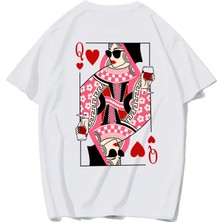Brz Collection Unisex Oversize Queen Of Hearts Iskambil Kızı Q T-Shirt (Beyaz)