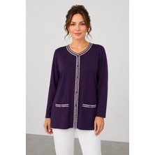 Bihan Store Kadın V Yaka Önü Şerit Nakışlı Rahat Kesim Bluz Y26-590 - Mürdüm