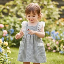Little Cloud Kız Bebek Çizgili Askılı Elbise – Dantel Fırfır Detaylı Cepli Yazlık Salopet Elbise