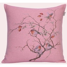 Believe Kuşburnu Dalları Pembe Jakarlı Dokuma  Goblen Dekoratif Kırlent 45*45