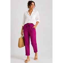 Moda Rüyası Italyan Çiçek Işlemeli Keten Karışımlı Beli Lastikli Bağcıklı Kadın Pantolon