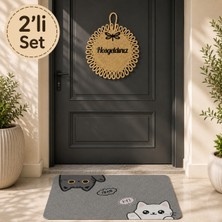 Bert 2'li Kapı Önü Seti: "hi & Bye" Kedi Desenli Gri Paspas ve Jüt Görünümlü "hoşgeldiniz" Kapı Süsü