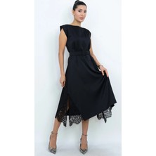 Dorne Moda Özel Seri Kolsuz, Yırtmaçlı, Kemer ve Dantel Detaylı Midi Boy Elbise - Düğün - Mezuniyet - Ofis Şıklığı