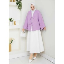 Exit Collection Kadın Tesettür Keten Önü Bağlamalı 2 Bağcıklı Modern Şık Etek Üsttü Lila Kimono Gömlek