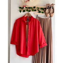 Exit Collection Kadın Abs Boyfriend Uzun Basic Kırmızı Tesettür Gömlek