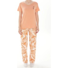 Relax Mode Kadın Turuncu Viskon-V Yaka Dantelli Pijama Takımı - 40113R