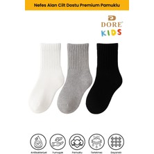 Dore Unisex Çocuk 3 Çift Pamuklu Cilt Dostu Premium Ultra Yumuşak Kız Erkek Çocuk Kolej Çorap Beyaz Gri Siyah 5-7 Yaş