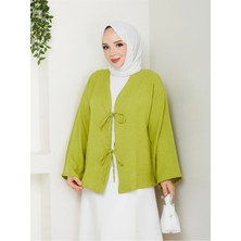 Exit Collection Kadın Tesettür Keten Önü Bağlamalı 2 Bağcıklı Modern Şık Etek Üsttü Yağ Yeşili Kimono Gömlek