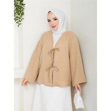Exit Collection Kadın Tesettür Keten Önü Bağlamalı 2 Bağcıklı Modern Şık Etek Üsttü Bej Taş Kimono Gömlek