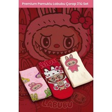 Dore Çocuklar Için 3 Çift Premium Labubu Çorap %100 Pamuk Labubu Desenli Çocuk Çorap 3'lü Set Pembe 35-38