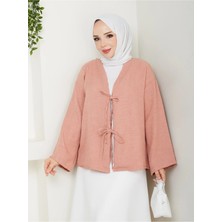 Exit Collection Kadın Tesettür Keten Önü Bağlamalı 2 Bağcıklı Modern Şık Etek Üsttü Pudra Pembe Kimono Gömlek