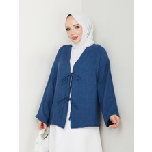 Exit Collection Kadın Tesettür Keten Önü Bağlamalı 2 Bağcıklı Modern Şık Etek Üsttü Petrol Mavisi Kimono Gömlek