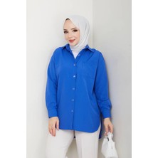 Exit Collection Kadın Terikoton Uzun Şık Modern Mavi Boyfriend Tesettür Gömlek