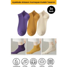 Dore 3 Çift Kulaklı Konfor Modeli Ter Emici Spor Ayakkabı Sneaker Premium Pamuklu Patik Çorap Mor Sarı Krem 36-39