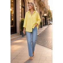 Exit Collection Kadın Sarı Pamuklu Keten Gömlek - Oversize Salaş Uzun Kollu Cepli Kadın Tesettür Gömlek Overshirt