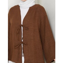 Exit Collection Kadın Tesettür Keten Önü Bağlamalı 2 Bağcıklı Modern Şık Etek Üsttü Kahverengi Kimono Gömlek