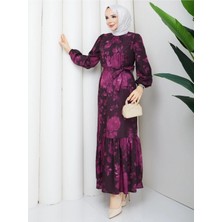 Exit Collection Kadın Uzun Tesettür Şık Elbise - Kemerli Cesika Kumaş Baskı Desenli Tesettür Elbise Uzun Kollu 140CM Uzunluğunda