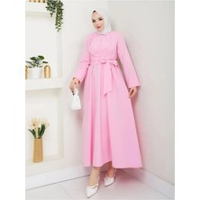 Exit Collection Kadın Tesettür Pembe Sabit Kuşaklı Modern Şık Uzun Gece Elbise Kıyafet