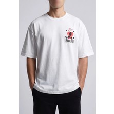 Herton Erkek Haki Boks Temalı Grafik Baskılı Salaş T-Shirt