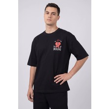 Herton Erkek Haki Boks Temalı Grafik Baskılı Salaş T-Shirt
