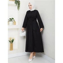 Exit Collection Kadın Tesettür Siyah Sabit Kuşaklı Modern Şık Uzun Gece Elbise Kıyafet