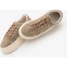 Marjin Kadın Sneaker Kalın Taban Denim Çıkarılabilir Boncuklu Tokalı Spor Ayakkabı Pevosa Bej Kot
